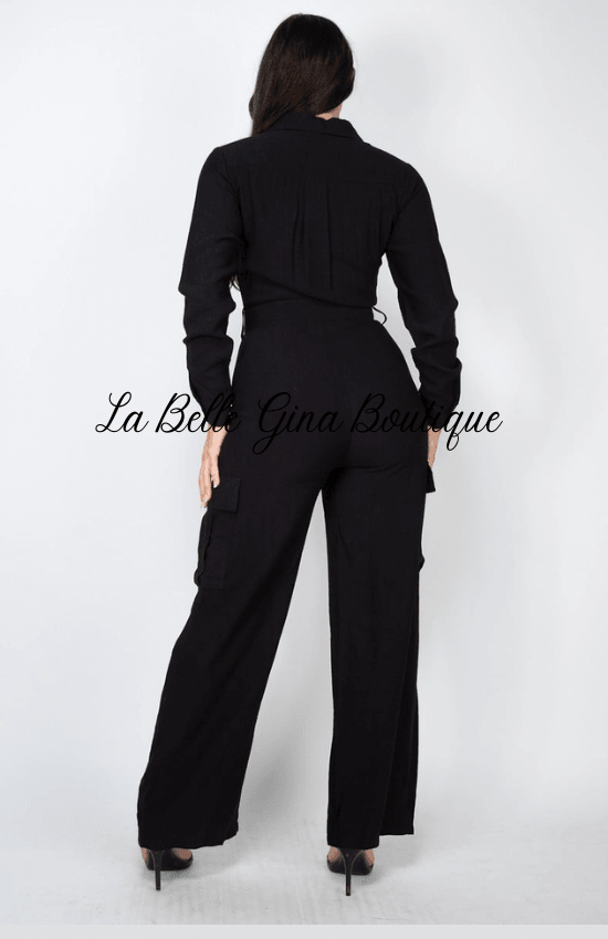 Lina Statement Piece Button Down with Zip-up Sash Belt Cargo Bottom Straight Leg Jumpsuit