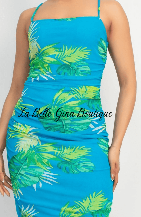 Gina Tropical Print Features a Square Neckline Adjustable Cami Straps Bodycon Midi Dress