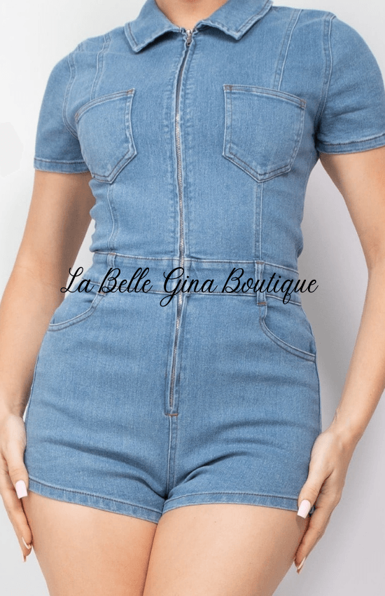 Lara Waist Belt Loops Short Sleeves Front Zipper Denim Romper