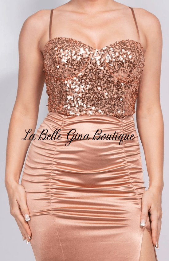 Gina Knit Satin Haute Couture Sweetheart Neckline Sequin Adjustable Cami Strap Maxi Dress