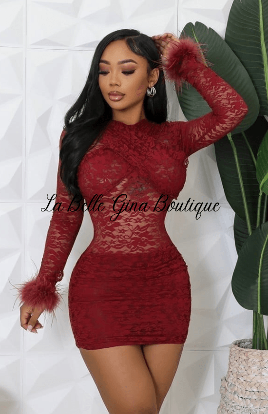 Gina Stretch Around Neck Long Sleeve Feather Elegant Birthday Party Special Occasion Party Holidays Date  nigh Dresses-Burgundy