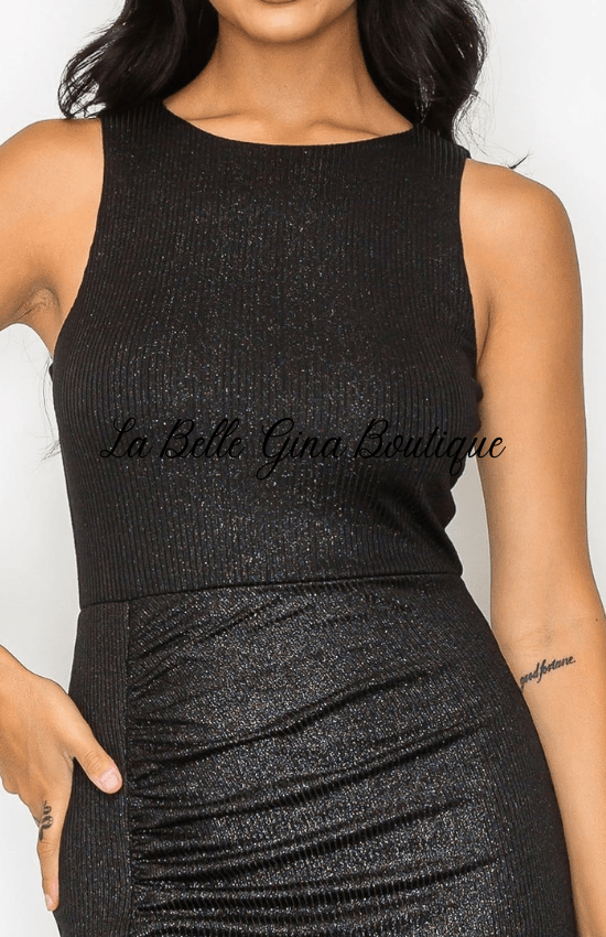 Nelle Sleeveless Side Rushed and Slit Bodycon Casual Midi Dress