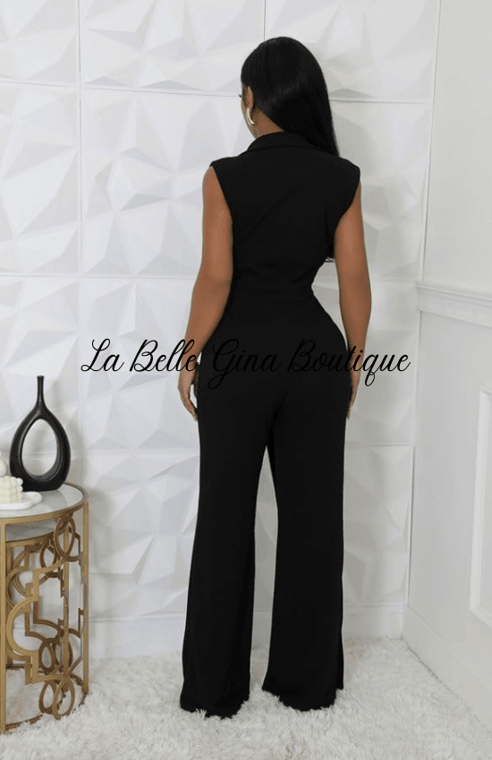 Gina Stretch Collar V-Neck Sleeveless Side Zipper Closure wide Leg Jumpsuit-Black