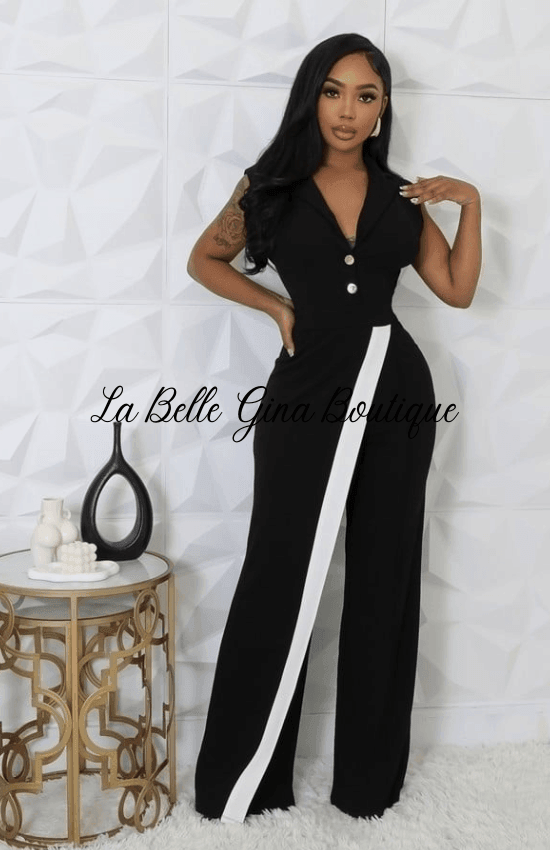 Gina Stretch Collar V-Neck Sleeveless Side Zipper Closure wide Leg Jumpsuit-Black