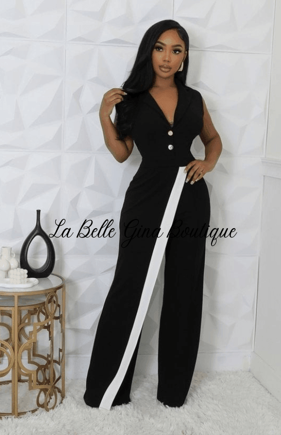 Gina Stretch Collar V-Neck Sleeveless Side Zipper Closure wide Leg Jumpsuit-Black