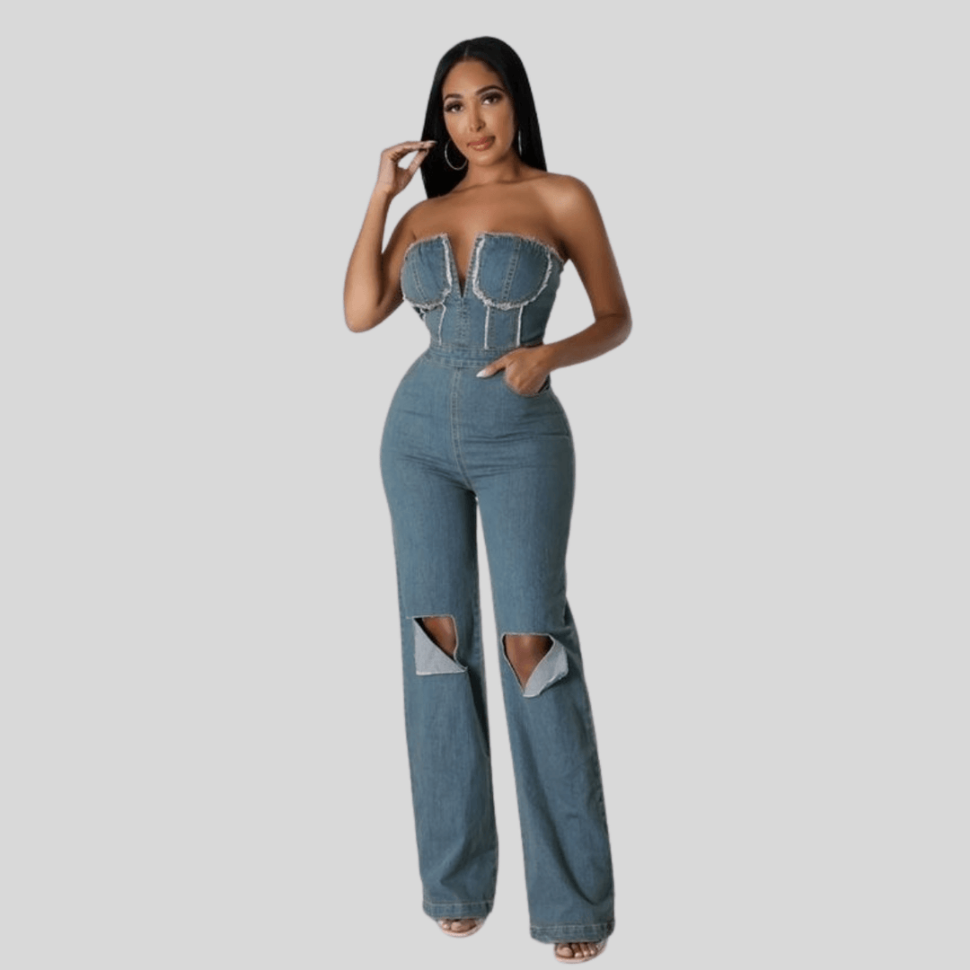 Gina Non-Stretch Jumpsuit Strapless Pockets Ripped knees Zipper Closure