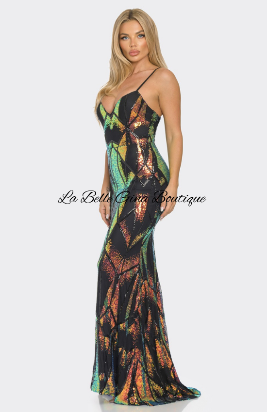 Clara Multi colored Sequin Maxi Dress-Black