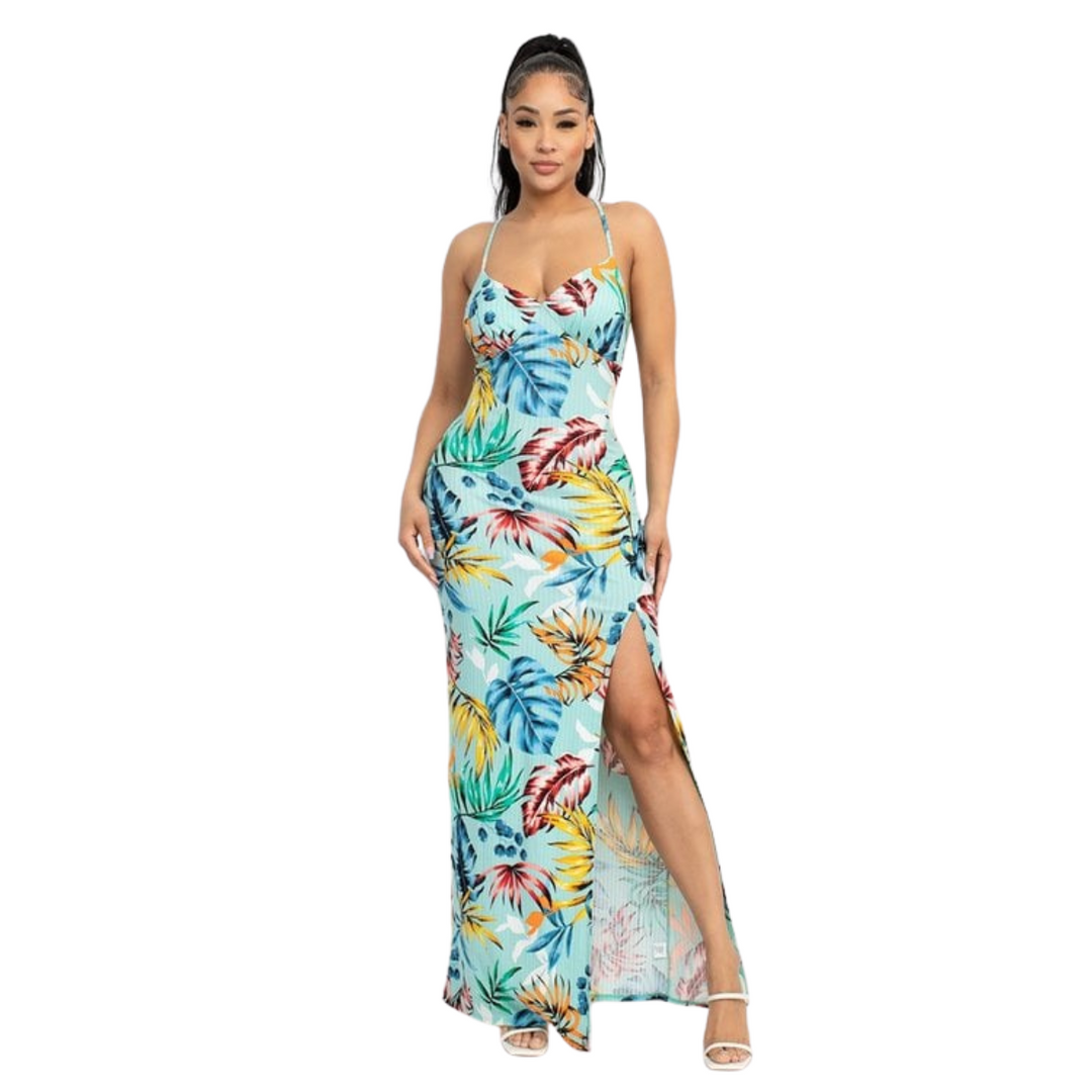 Lena Hawaiian Print Fabric Feminine Charm Outfit a Surplice Neckline Sleeveless Crossed Back and side slit Maxi Dress