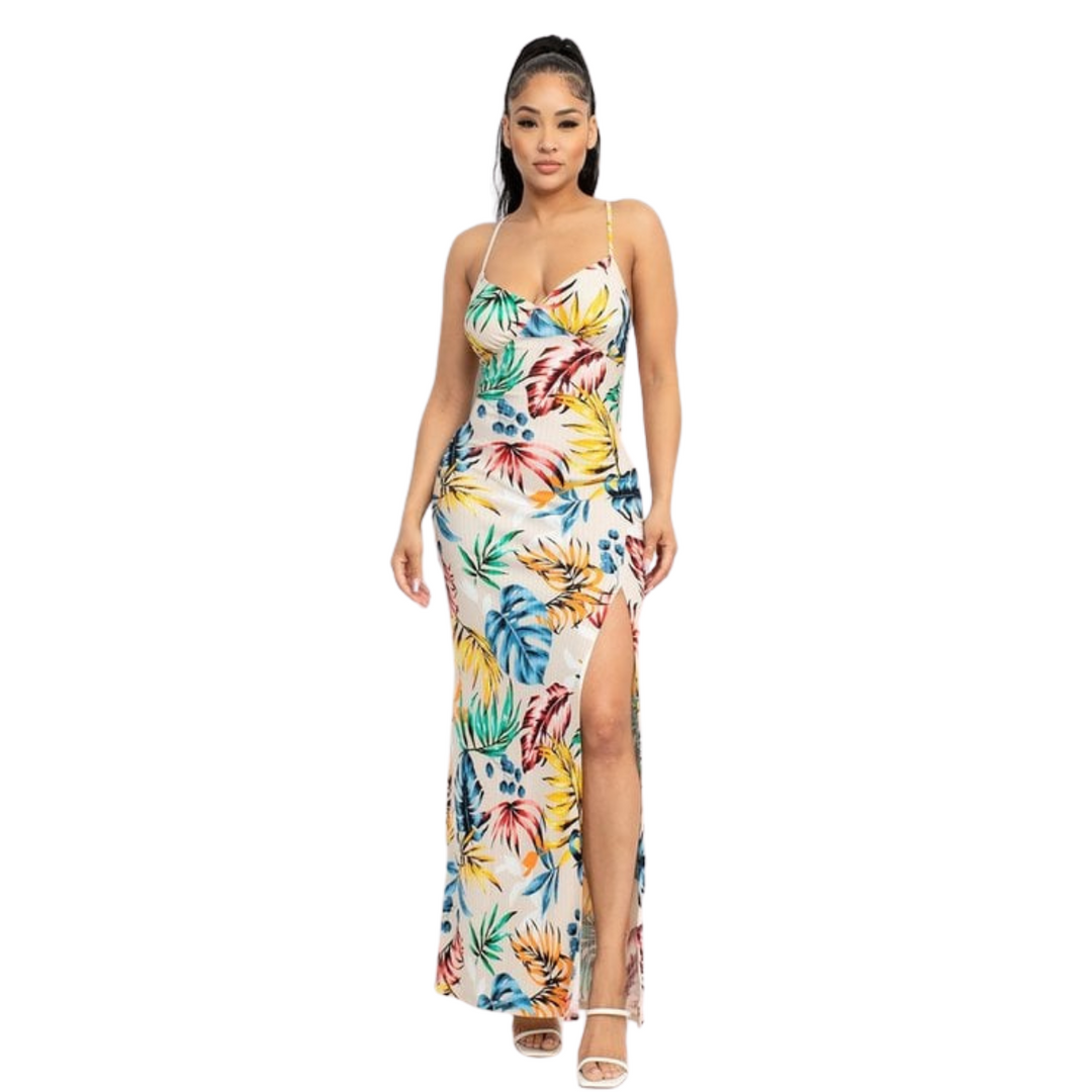 Lena Hawaiian Print Fabric Feminine Charm Outfit a Surplice Neckline Sleeveless Crossed Back and side slit Maxi Dress