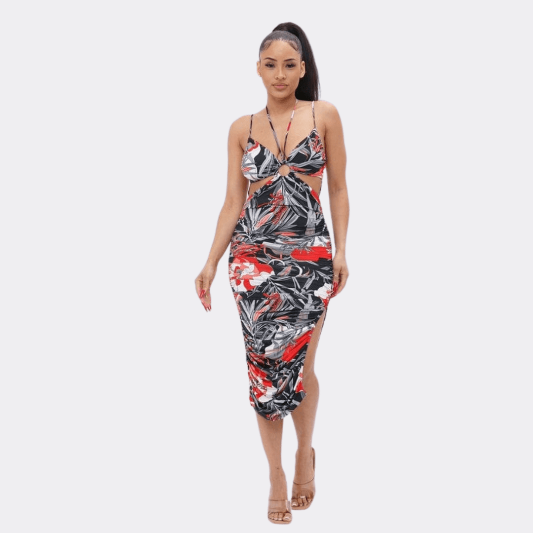 Vava Printed Halter Neck Cut-Out vacation Summer Fall Floral Midi Dress