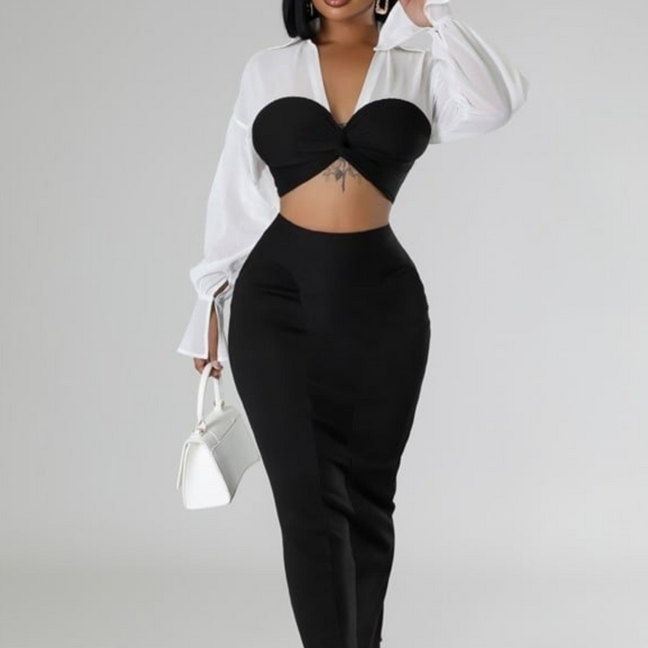 Gina Collar Semi-Stretch Long Sleeve,High-Waisted Skirt Set