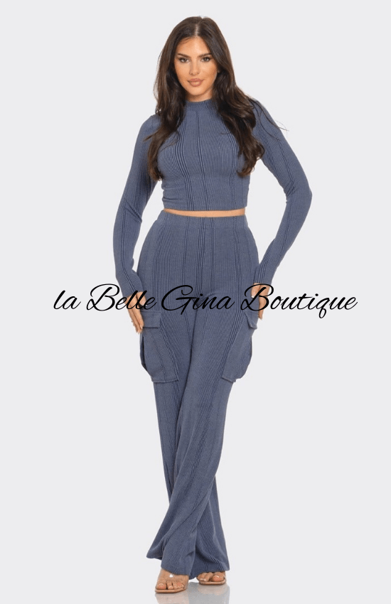 Tiandra Rib Solid Mock Neck Long Sleeve Crop Top and Side Cargo Pockets Pants Set-Denim Blue