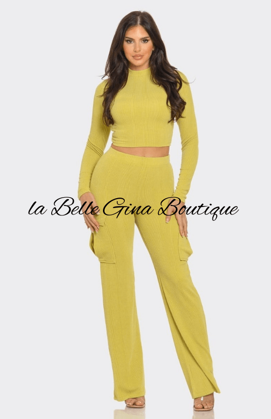 Tiandra Rib Solid Mock Neck Long Sleeve Crop Top and Side Cargo Pockets Pants Set-Chartreuse