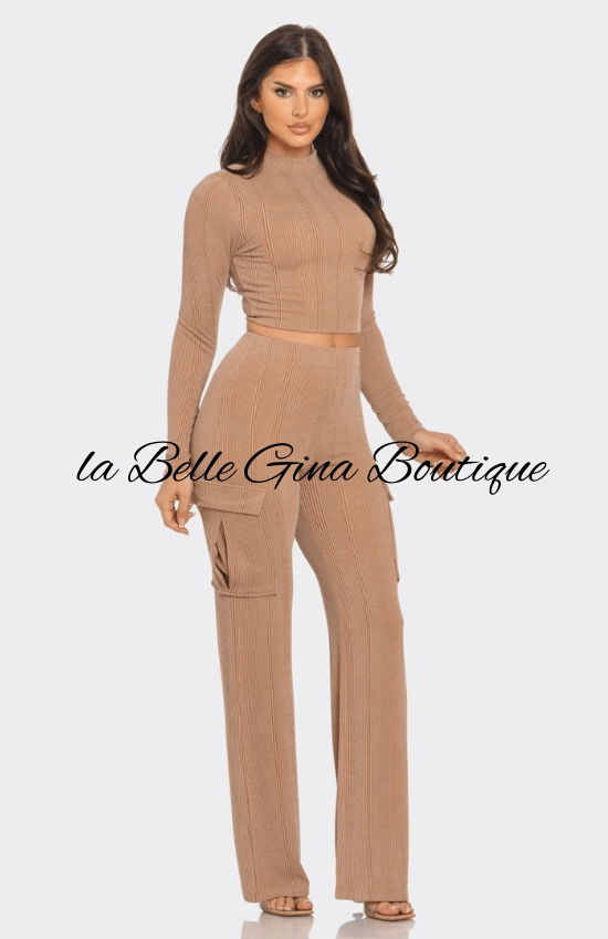 Tiandra Rib Solid Mock Neck Long Sleeve Crop Top and Side Cargo Pockets Pants Set-Mocha