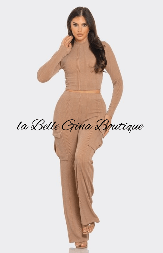 Tiandra Rib Solid Mock Neck Long Sleeve Crop Top and Side Cargo Pockets Pants Set-Mocha