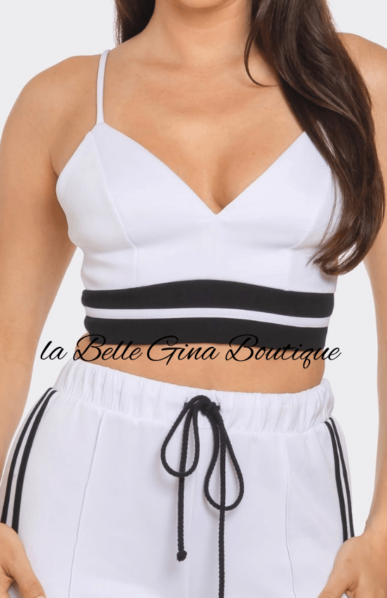 Alice Front bottom Striped Detail Adjustable Strap Bra Crop Top and Side Slit Two Stripes Flare Pants Set-White