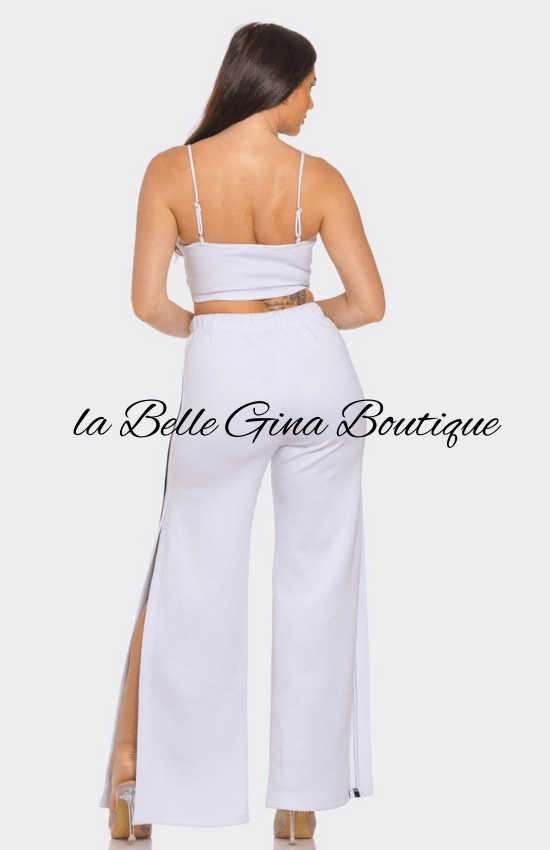 Alice Front bottom Striped Detail Adjustable Strap Bra Crop Top and Side Slit Two Stripes Flare Pants Set-White