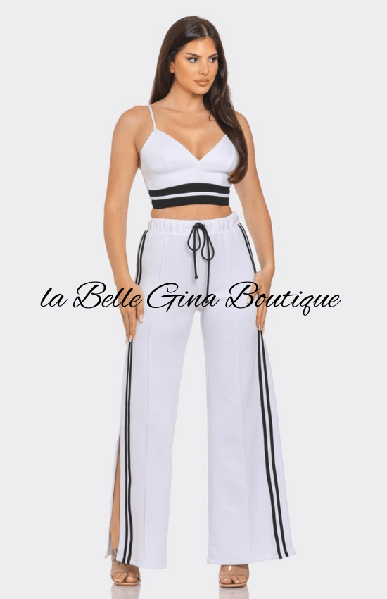 Alice Front bottom Striped Detail Adjustable Strap Bra Crop Top and Side Slit Two Stripes Flare Pants Set-White