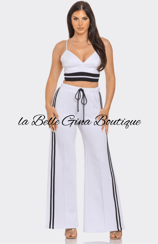 Alice Front bottom Striped Detail Adjustable Strap Bra Crop Top and Side Slit Two Stripes Flare Pants Set-White