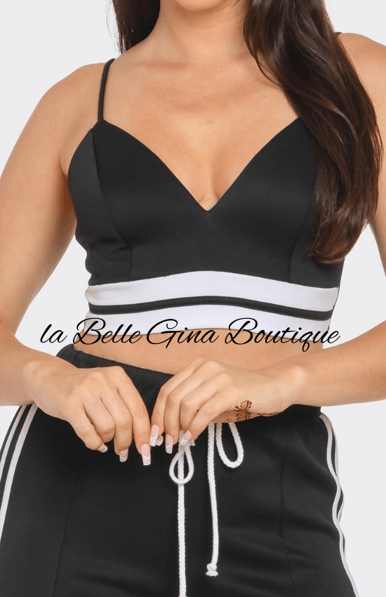 Alice Front bottom Striped Detail Adjustable Strap Bra Crop Top and Side Slit Two Stripes Flare Pants Set-Black/White