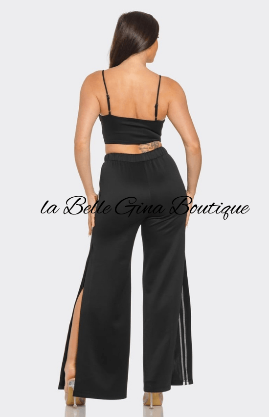 Alice Front bottom Striped Detail Adjustable Strap Bra Crop Top and Side Slit Two Stripes Flare Pants Set-Black/White