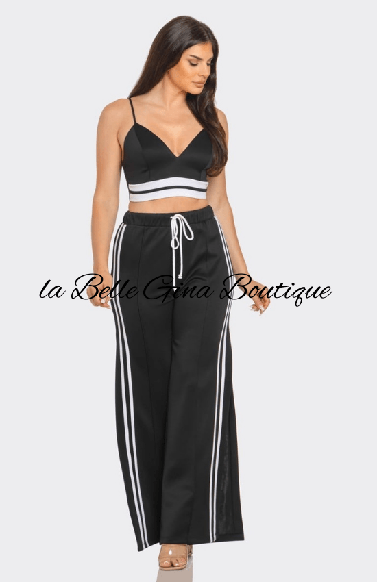 Alice Front bottom Striped Detail Adjustable Strap Bra Crop Top and Side Slit Two Stripes Flare Pants Set-Black/White