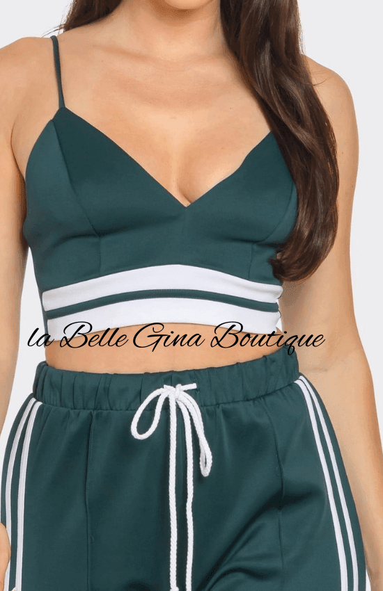 Alice Front bottom Striped Detail Adjustable Strap Bra Crop Top and Side Slit Two Stripes Flare Pants Set-Hunter Green/White