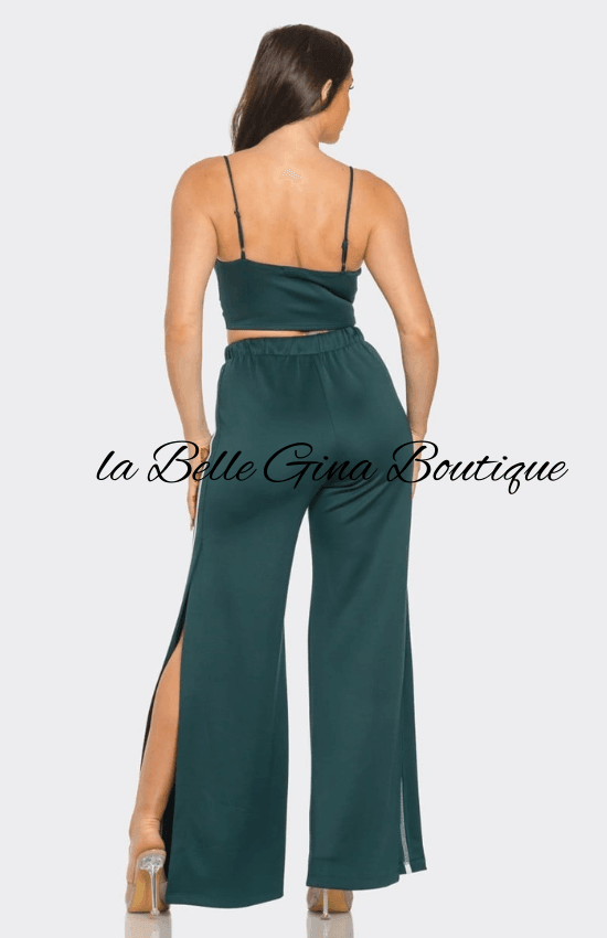 Alice Front bottom Striped Detail Adjustable Strap Bra Crop Top and Side Slit Two Stripes Flare Pants Set-Hunter Green/White