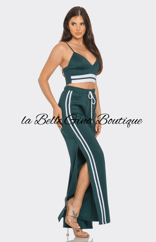 Alice Front bottom Striped Detail Adjustable Strap Bra Crop Top and Side Slit Two Stripes Flare Pants Set-Hunter Green/White