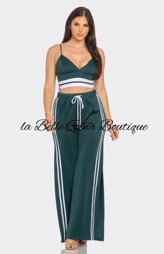 Alice Front bottom Striped Detail Adjustable Strap Bra Crop Top and Side Slit Two Stripes Flare Pants Set-Hunter Green/White