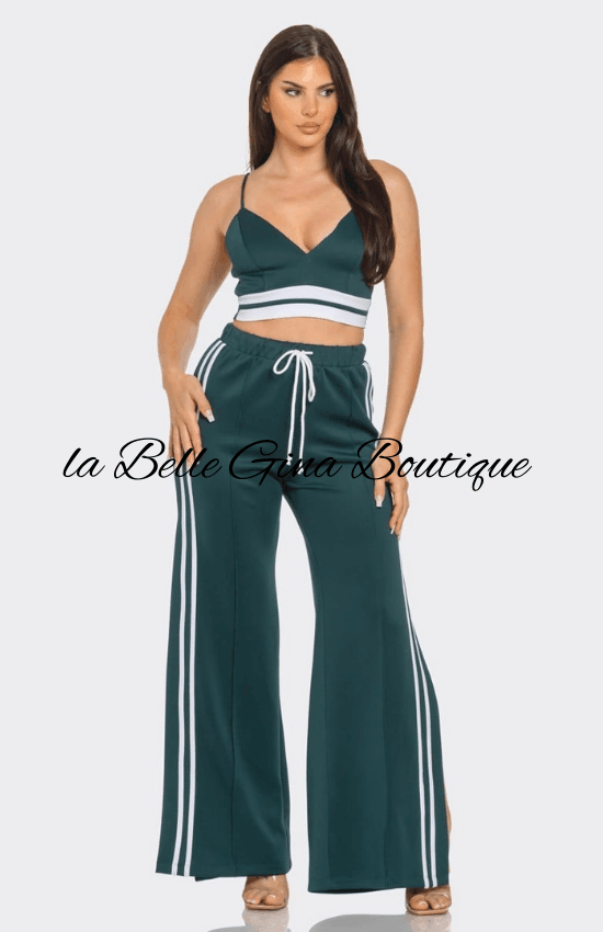 Alice Front bottom Striped Detail Adjustable Strap Bra Crop Top and Side Slit Two Stripes Flare Pants Set-Hunter Green/White