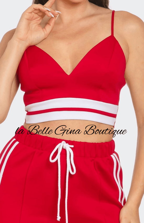 Alice Front bottom Striped Detail Adjustable Strap Bra Crop Top and Side Slit Two Stripes Flare Pants Set-Red/White