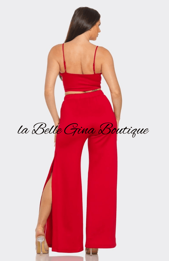 Alice Front bottom Striped Detail Adjustable Strap Bra Crop Top and Side Slit Two Stripes Flare Pants Set-Red/White