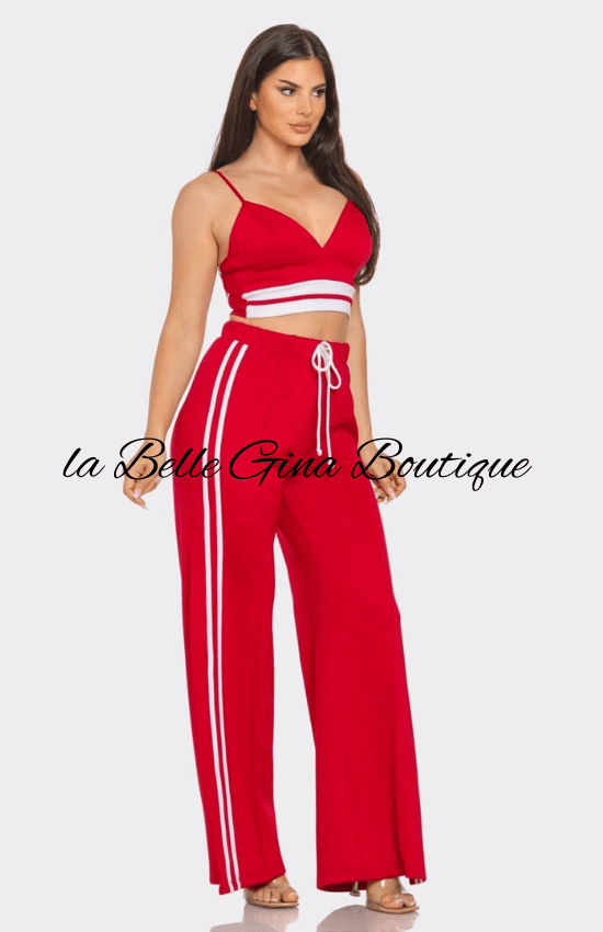 Alice Front bottom Striped Detail Adjustable Strap Bra Crop Top and Side Slit Two Stripes Flare Pants Set-Red/White