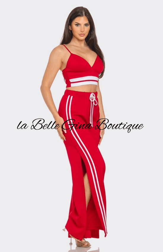 Alice Front bottom Striped Detail Adjustable Strap Bra Crop Top and Side Slit Two Stripes Flare Pants Set-Red/White