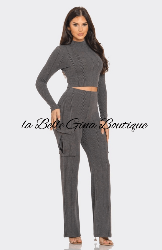 Tiandra Rib Solid Mock Neck Long Sleeve Crop Top and Side Cargo Pockets Pants Set-Charcoal