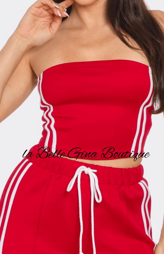 Laila Sleeveless Solid Side Two Stripe Detail Tube Crop Top and Side Slit Flare Pants Set-Red/White