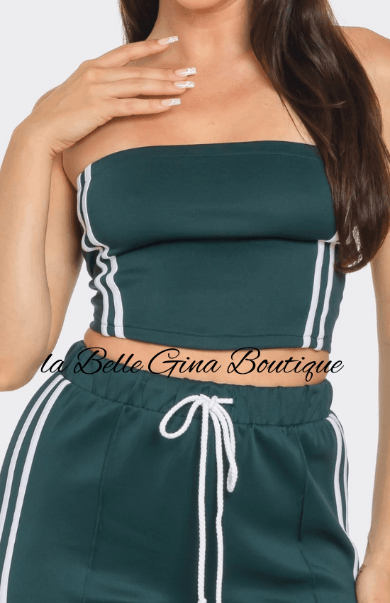 Laila Sleeveless Solid Side Two Stripe Detail Tube Crop Top and Side Slit Flare Pants Set-Hunter Green/White