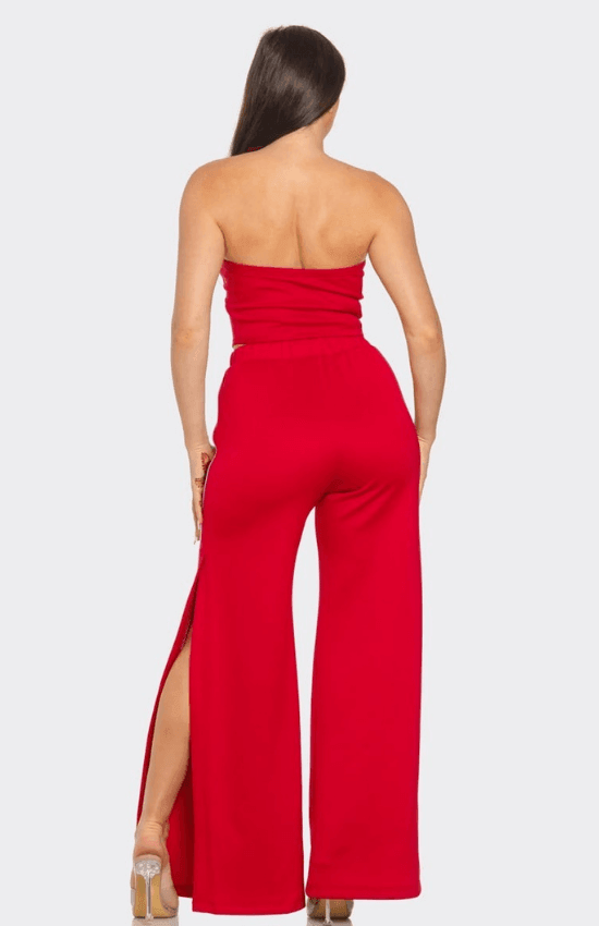 Laila Sleeveless Solid Side Two Stripe Detail Tube Crop Top and Side Slit Flare Pants Set-Red/White