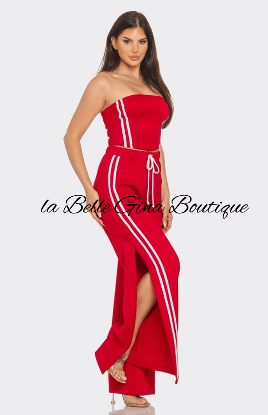 Laila Sleeveless Solid Side Two Stripe Detail Tube Crop Top and Side Slit Flare Pants Set-Red/White