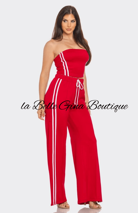 Laila Sleeveless Solid Side Two Stripe Detail Tube Crop Top and Side Slit Flare Pants Set-Red/White