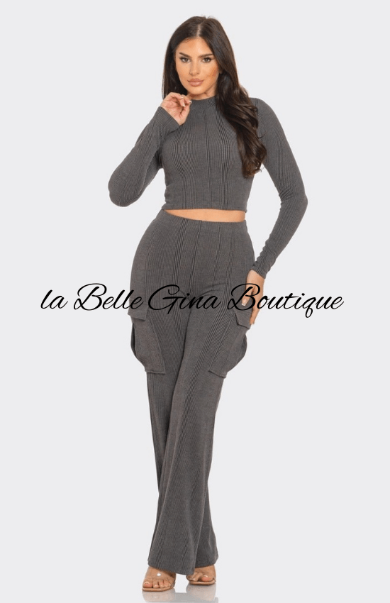 Tiandra Rib Solid Mock Neck Long Sleeve Crop Top and Side Cargo Pockets Pants Set-Charcoal