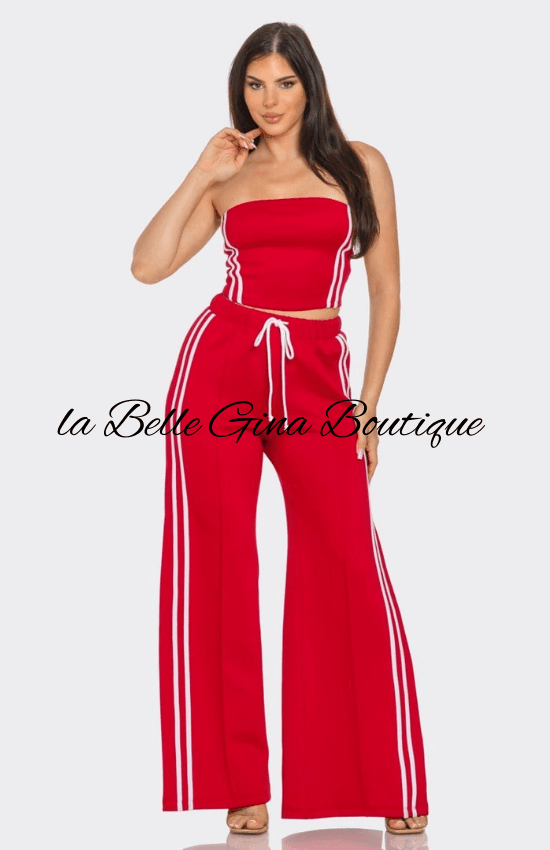 Laila Sleeveless Solid Side Two Stripe Detail Tube Crop Top and Side Slit Flare Pants Set-Red/White