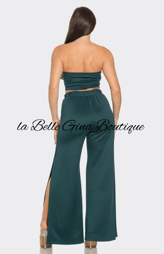 Laila Sleeveless Solid Side Two Stripe Detail Tube Crop Top and Side Slit Flare Pants Set-Hunter Green/White