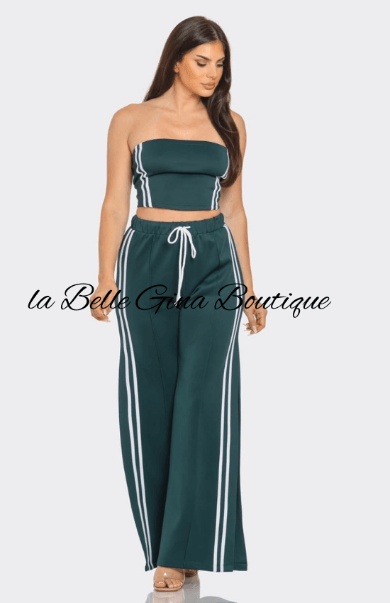 Laila Sleeveless Solid Side Two Stripe Detail Tube Crop Top and Side Slit Flare Pants Set-Hunter Green/White