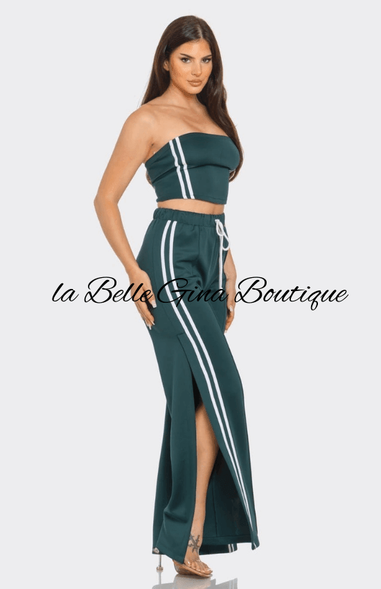 Laila Sleeveless Solid Side Two Stripe Detail Tube Crop Top and Side Slit Flare Pants Set-Hunter Green/White