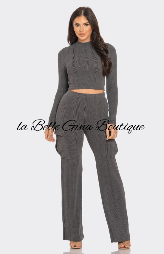 Tiandra Rib Solid Mock Neck Long Sleeve Crop Top and Side Cargo Pockets Pants Set-Charcoal