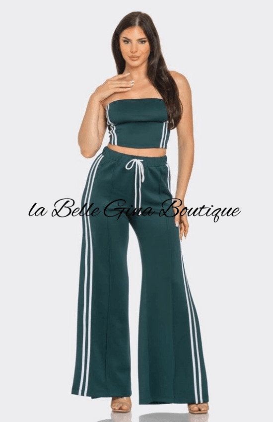 Laila Sleeveless Solid Side Two Stripe Detail Tube Crop Top and Side Slit Flare Pants Set-Hunter Green/White