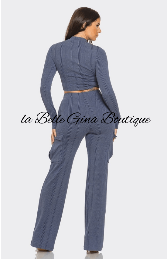 Tiandra Rib Solid Mock Neck Long Sleeve Crop Top and Side Cargo Pockets Pants Set-Denim Blue