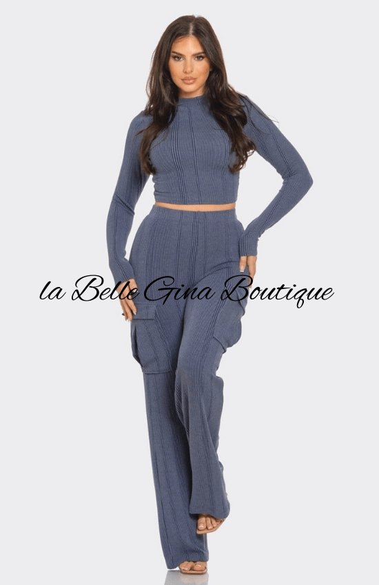 Tiandra Rib Solid Mock Neck Long Sleeve Crop Top and Side Cargo Pockets Pants Set-Denim Blue